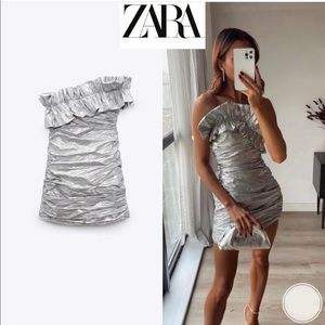 Zara Silver Ruffled Mini Dress Size XS NWT New With Tags